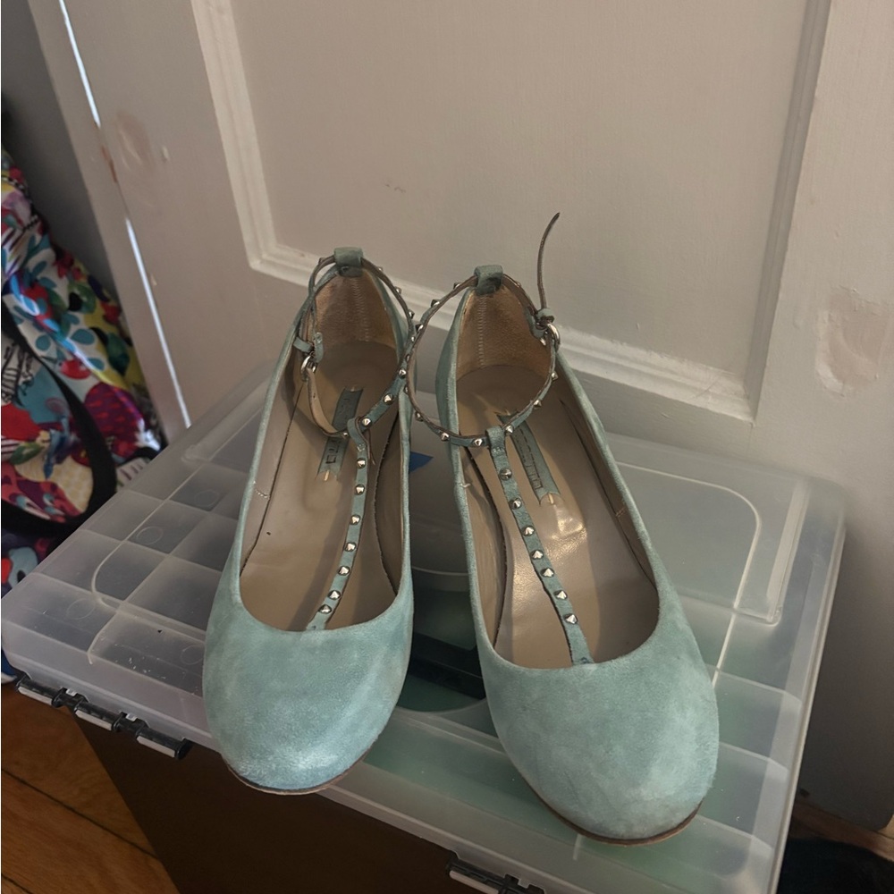 Teal suede kitten heels with studded ankle straps